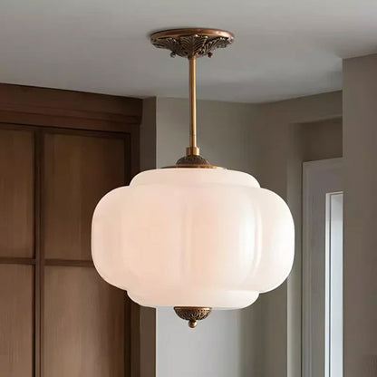 Ribbed Glass Globe Hanging Fixture with Warm Amber Tone & Antique Brass Hardware for Dining Room Kitchen Entry