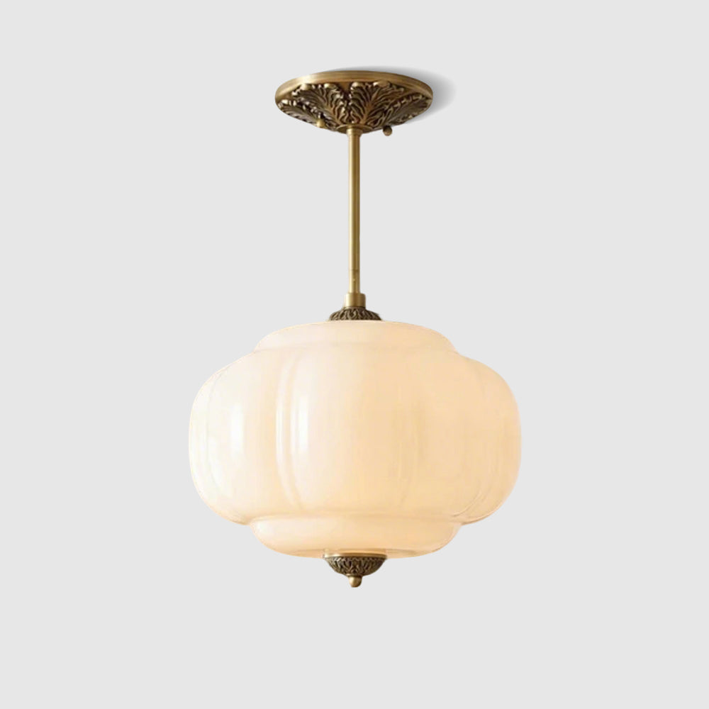 Ribbed Glass Globe Hanging Fixture with Warm Amber Tone & Antique Brass Hardware for Dining Room Kitchen Entry