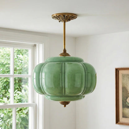 Ribbed Glass Globe Hanging Fixture with Warm Amber Tone & Antique Brass Hardware for Dining Room Kitchen Entry