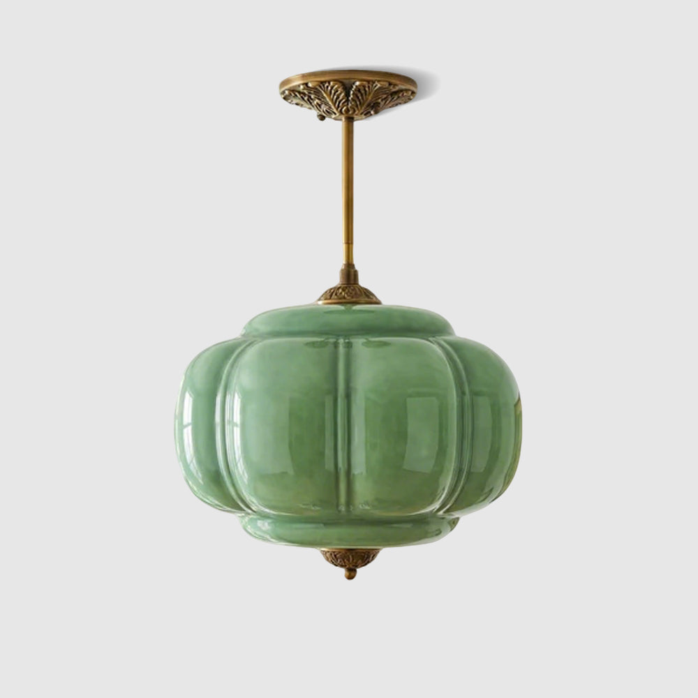 Ribbed Glass Globe Hanging Fixture with Warm Amber Tone & Antique Brass Hardware for Dining Room Kitchen Entry