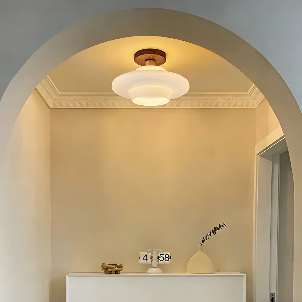 Flush Mount Glass Ceiling Light with Real Wood Trim for Entryway Kitchen Dining Room | Modern Farmhouse Entry Lighting Fixture 12 Inch Warm