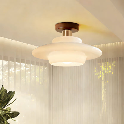 Flush Mount Light Fixture with Real Wood Frame and Clear Glass Dome for Hallway Kitchen Foyer Bedroom Overhead Lighting 12 Inch Round Semi-F