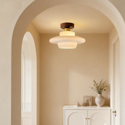 Flush Mount Light Fixture with Real Wood Frame and Clear Glass Dome for Hallway Kitchen Foyer Bedroom Overhead Lighting 12 Inch Round Semi-F