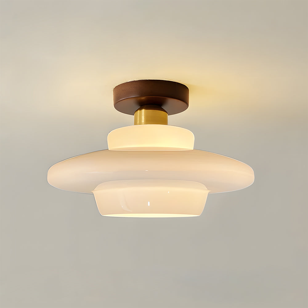 Flush Mount Wood & Glass Ceiling Light 13 in Copper Accent for Entryway Kitchen Hallway Small Rooms Modern Scandinavian LED Fixture