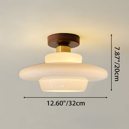 Flush Mount Light Fixture with Real Wood Frame and Clear Glass Dome for Hallway Kitchen Foyer Bedroom Overhead Lighting 12 Inch Round Semi-F