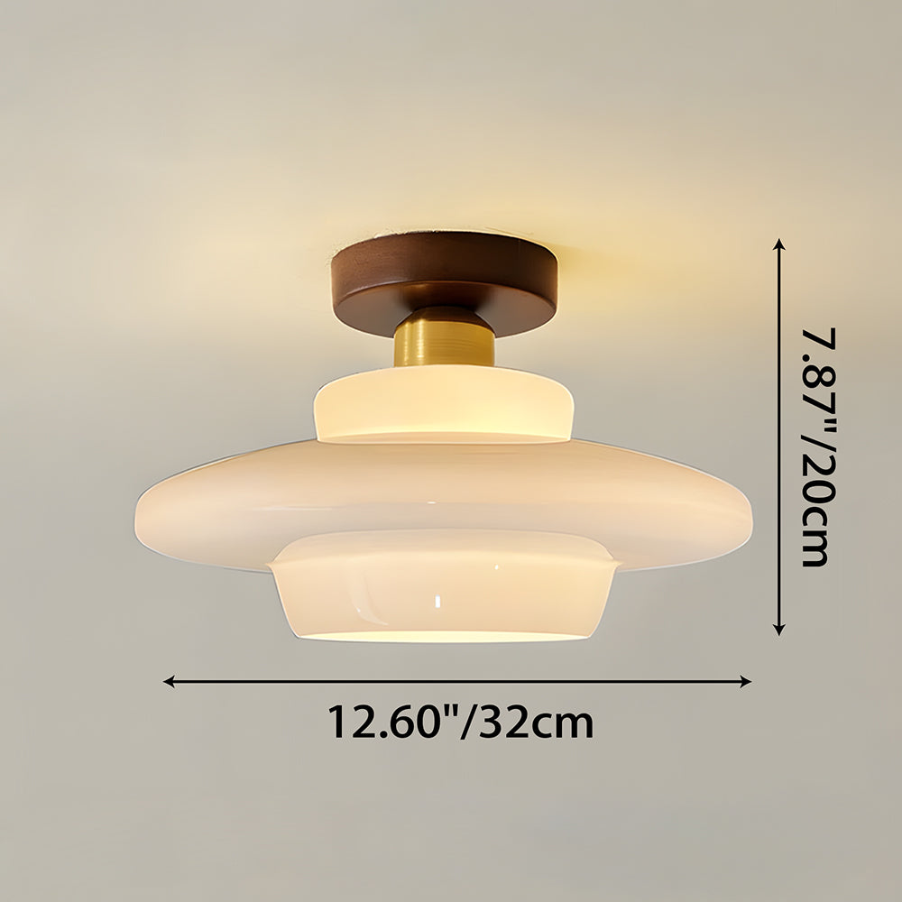Flush Mount Glass Ceiling Light with Real Wood Trim for Entryway Kitchen Dining Room | Modern Farmhouse Entry Lighting Fixture 12 Inch Warm