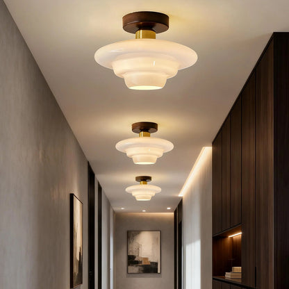 Flush Mount Glass Ceiling Light with Real Wood Trim for Entryway Kitchen Dining Room | Modern Farmhouse Entry Lighting Fixture 12 Inch Warm