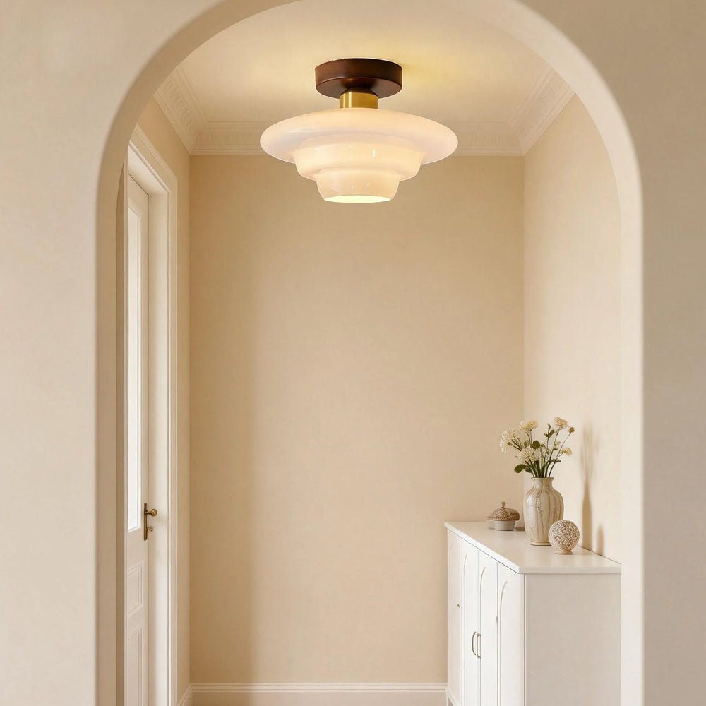Flush Mount Glass Ceiling Light with Real Wood Trim for Entryway Kitchen Dining Room | Modern Farmhouse Entry Lighting Fixture 12 Inch Warm