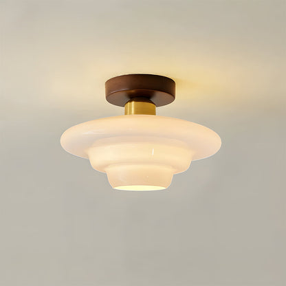 Flush Mount Wood & Glass Ceiling Light 13 in Copper Accent for Entryway Kitchen Hallway Small Rooms Modern Scandinavian LED Fixture