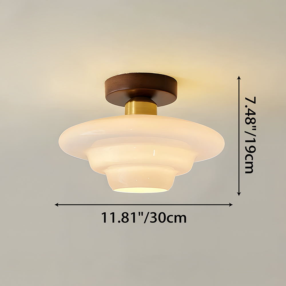 Flush Mount Light Fixture with Real Wood Frame and Clear Glass Dome for Hallway Kitchen Foyer Bedroom Overhead Lighting 12 Inch Round Semi-F