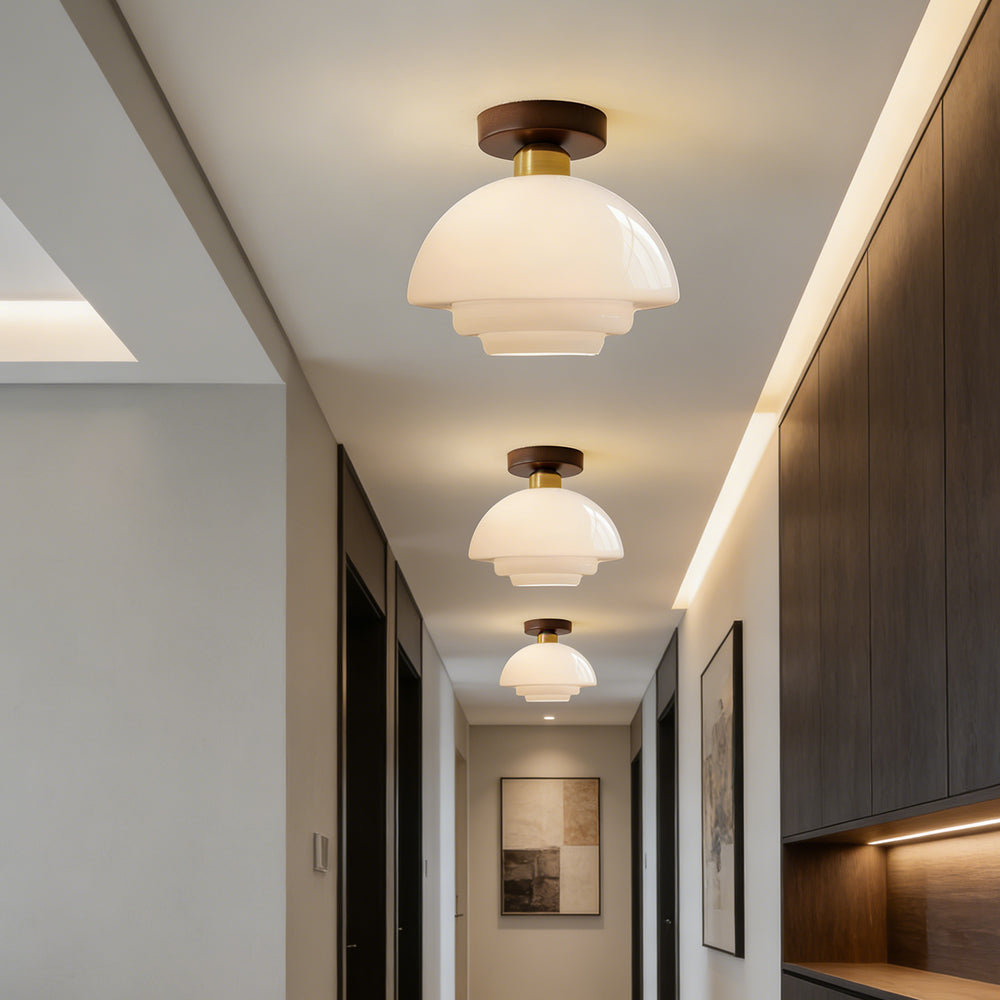 Flush Mount Light Fixture with Real Wood Frame and Clear Glass Dome for Hallway Kitchen Foyer Bedroom Overhead Lighting 12 Inch Round Semi-F