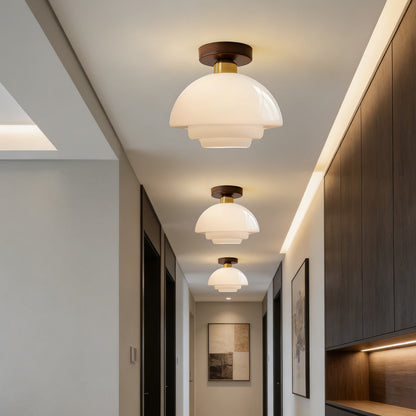 Flush Mount Glass Ceiling Light with Real Wood Trim for Entryway Kitchen Dining Room | Modern Farmhouse Entry Lighting Fixture 12 Inch Warm