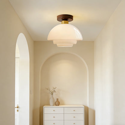 Flush Mount Light Fixture with Real Wood Frame and Clear Glass Dome for Hallway Kitchen Foyer Bedroom Overhead Lighting 12 Inch Round Semi-F
