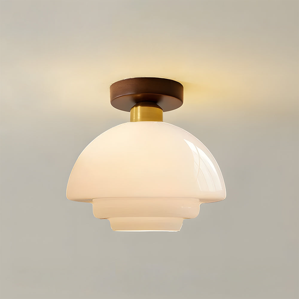 Flush Mount Light Fixture with Real Wood Frame and Clear Glass Dome for Hallway Kitchen Foyer Bedroom Overhead Lighting 12 Inch Round Semi-F