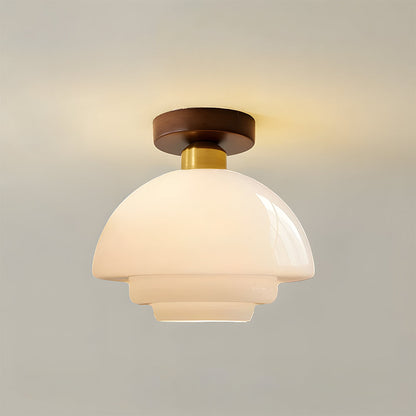 Flush Mount Light Fixture with Real Wood Frame and Clear Glass Dome for Hallway Kitchen Foyer Bedroom Overhead Lighting 12 Inch Round Semi-F