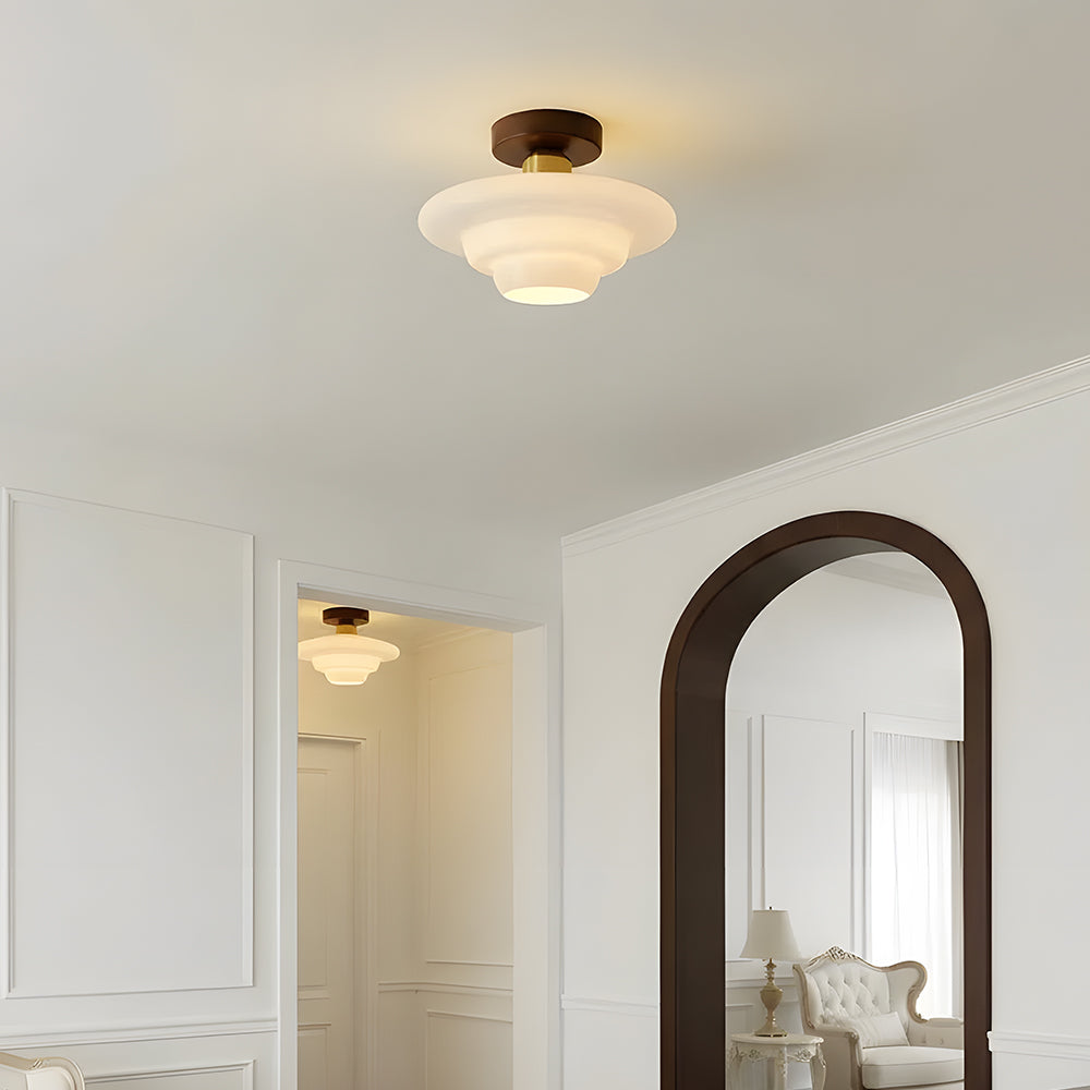 Flush Mount Wood & Glass Ceiling Light 13 in Copper Accent for Entryway Kitchen Hallway Small Rooms Modern Scandinavian LED Fixture