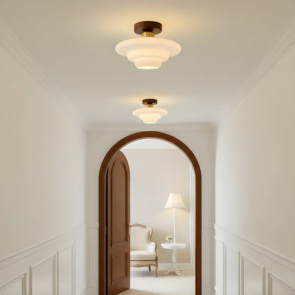 Flush Mount Glass Ceiling Light with Real Wood Trim for Entryway Kitchen Dining Room | Modern Farmhouse Entry Lighting Fixture 12 Inch Warm