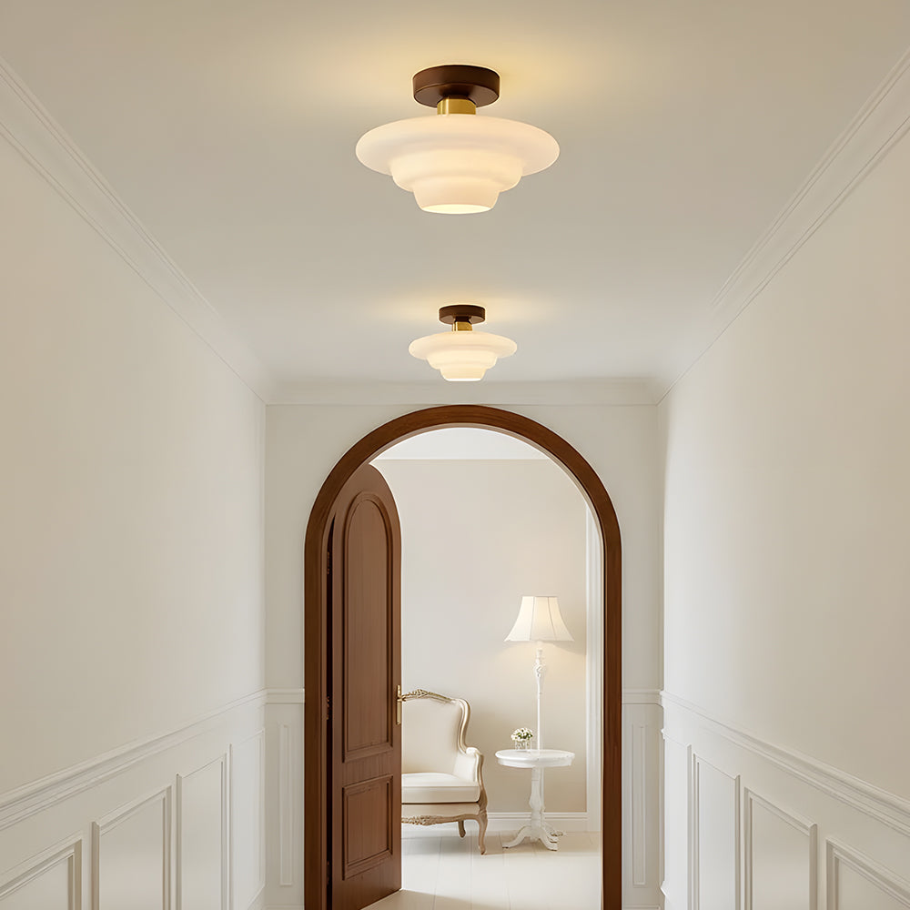 Flush Mount Wood & Glass Ceiling Light 13 in Copper Accent for Entryway Kitchen Hallway Small Rooms Modern Scandinavian LED Fixture