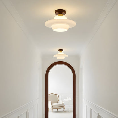 Flush Mount Light Fixture with Real Wood Frame and Clear Glass Dome for Hallway Kitchen Foyer Bedroom Overhead Lighting 12 Inch Round Semi-F