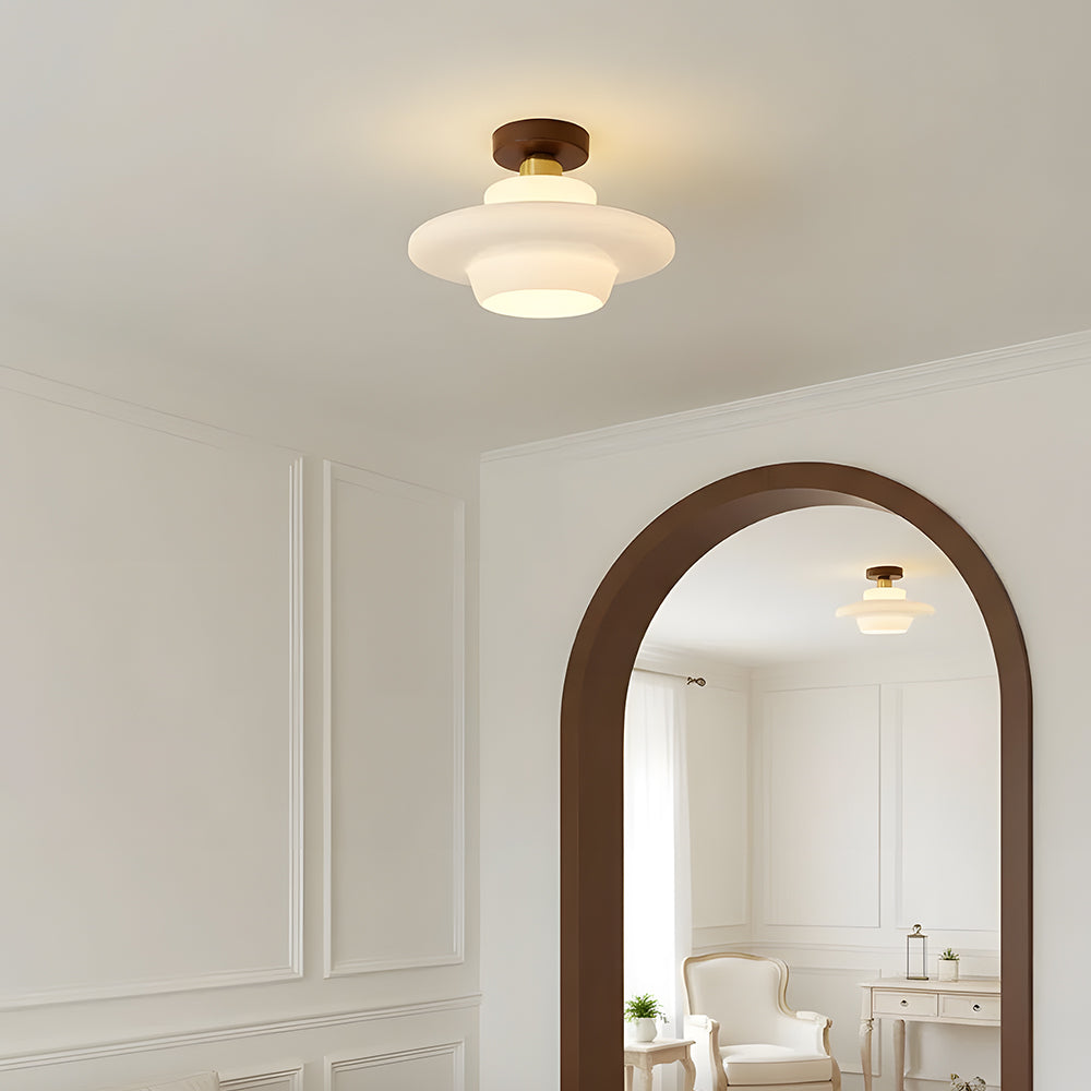 Flush Mount Wood & Glass Ceiling Light 13 in Copper Accent for Entryway Kitchen Hallway Small Rooms Modern Scandinavian LED Fixture
