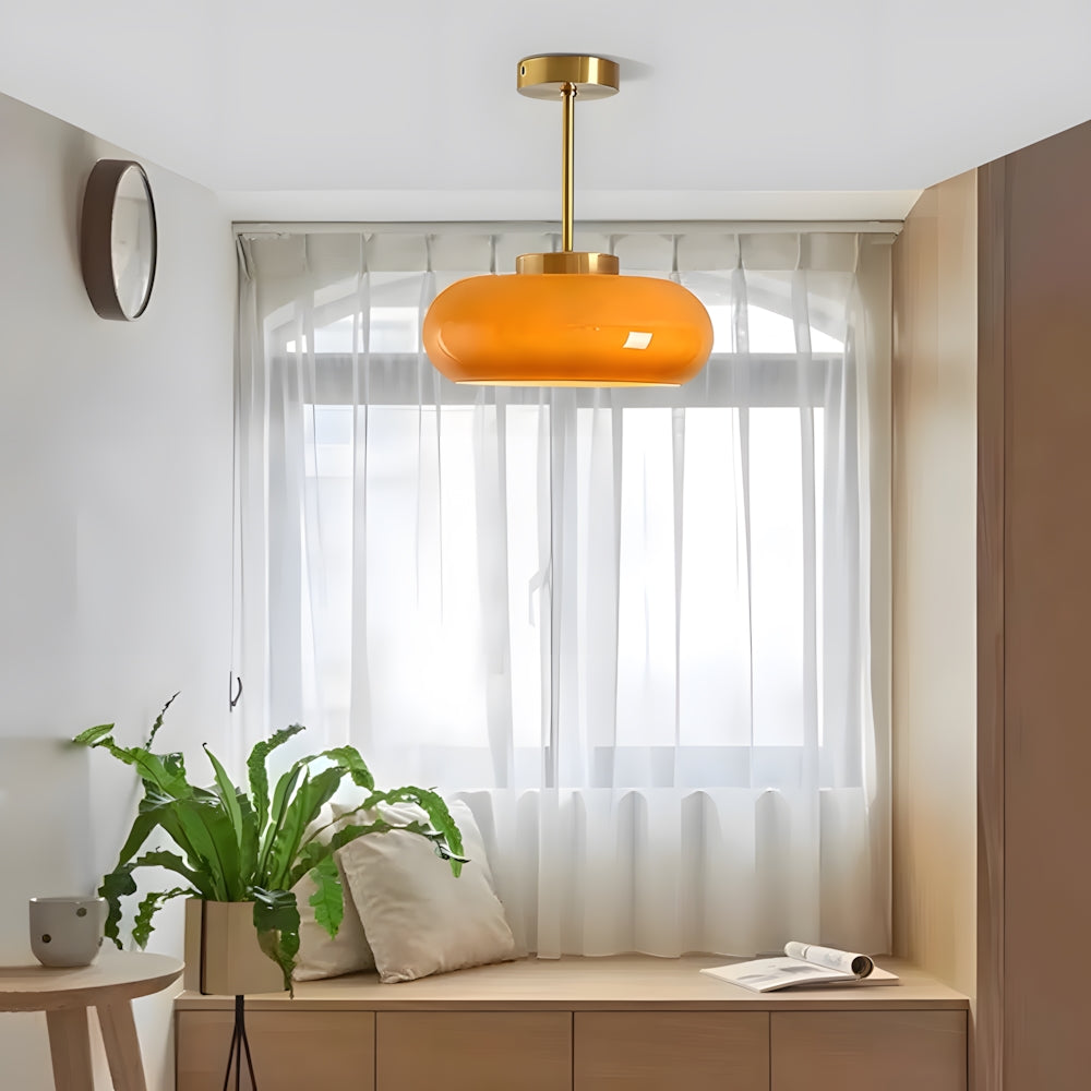 Amber Glass Dome Hanging Light 11 Inch for Kitchen Island Vintage Brass Fixture Dimmable E27 Dining Room Bedroom Overhead Adjustable Height