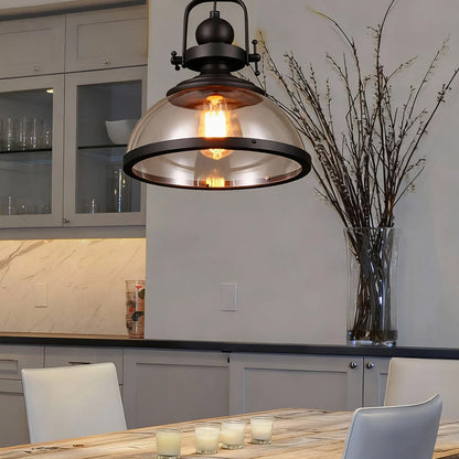 Iron & Glass Dome Hanging Fixture – 12 inch Shade, Adjustable Chain for Kitchen Island, Dining Table & Bedroom – Matte Finish Statement Piec