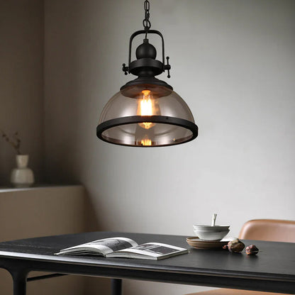Iron & Glass Dome Hanging Fixture – 12 inch Shade, Adjustable Chain for Kitchen Island, Dining Table & Bedroom – Matte Finish Statement Piec