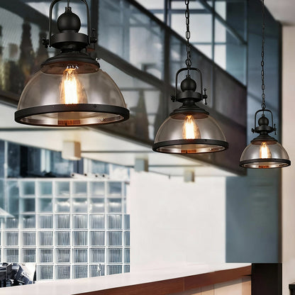Glass Shade Hanging Fixture with Iron Frame in Black for Dining Rooms, Kitchens, Bedrooms – Adjustable Chain Mount, E26 Socket, 12 in Diamet