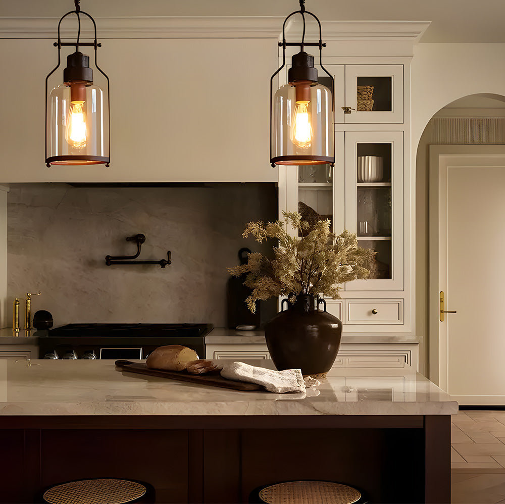 Hanging Ceiling Fixture Metal & Glass 8 in Wide 18 in Drop Industrial Style for Entryway Kitchen Island Dining Area