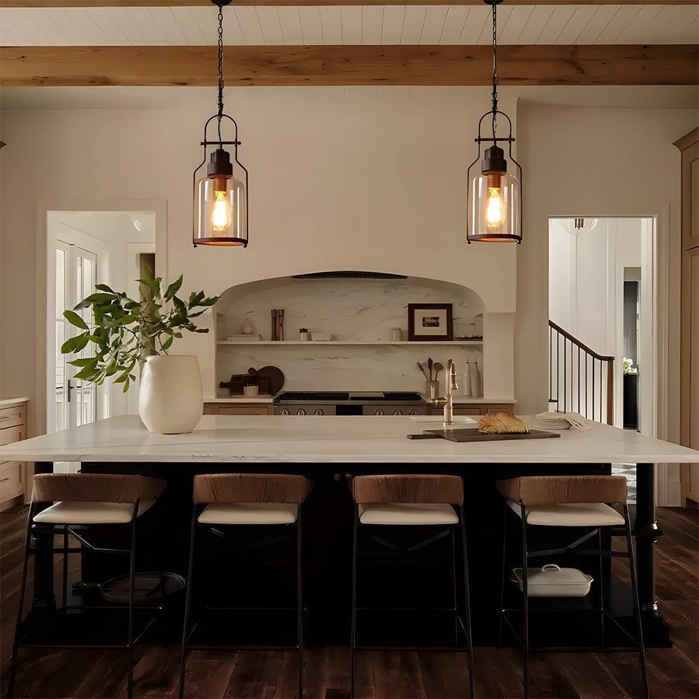Hanging Ceiling Fixture Metal & Glass 8 in Wide 18 in Drop Industrial Style for Entryway Kitchen Island Dining Area