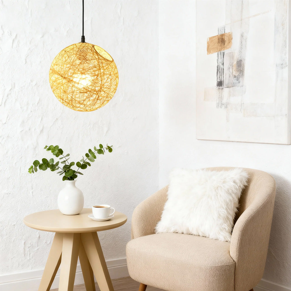 Woven Sphere Ceiling Light for Dining Rooms & Living Spaces – Handcrafted Natural Fiber Hanging Fixture with Warm Filtered Glow
