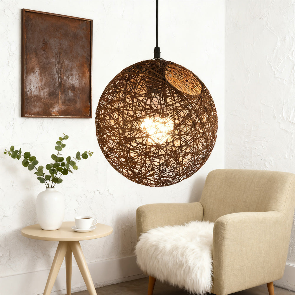 Woven Sphere Ceiling Light for Dining Rooms & Living Spaces – Handcrafted Natural Fiber Hanging Fixture with Warm Filtered Glow