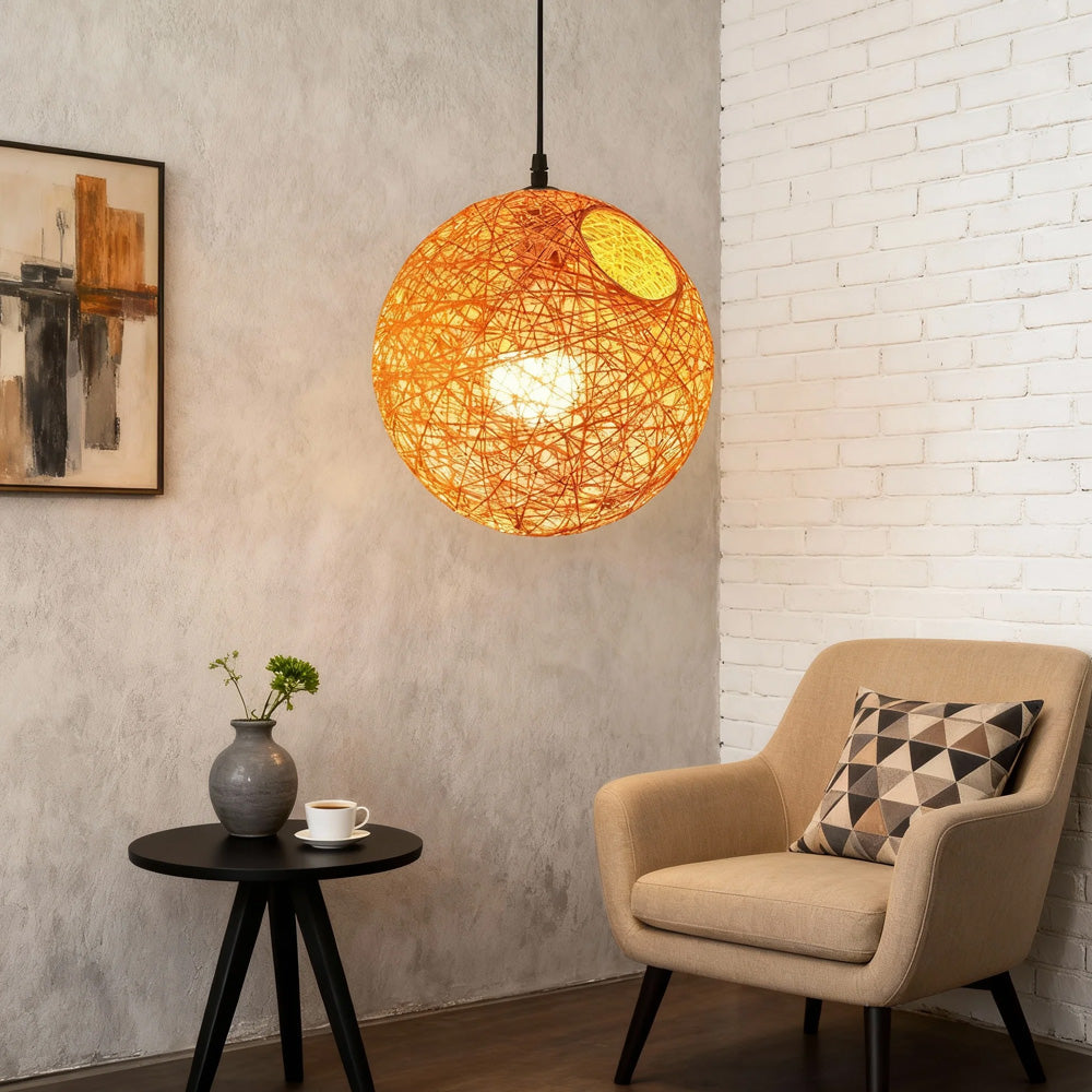 Woven Sphere Ceiling Light for Dining Rooms & Living Spaces – Handcrafted Natural Fiber Hanging Fixture with Warm Filtered Glow