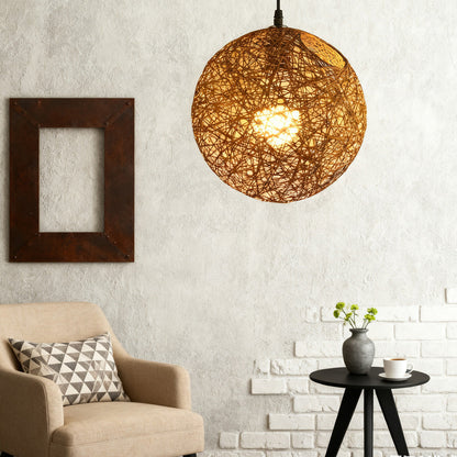 Woven Sphere Ceiling Light for Dining Rooms & Living Spaces – Handcrafted Natural Fiber Hanging Fixture with Warm Filtered Glow