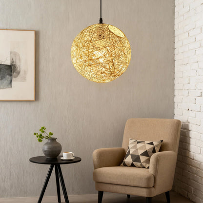 Woven Sphere Ceiling Light for Dining Rooms & Living Spaces – Handcrafted Natural Fiber Hanging Fixture with Warm Filtered Glow