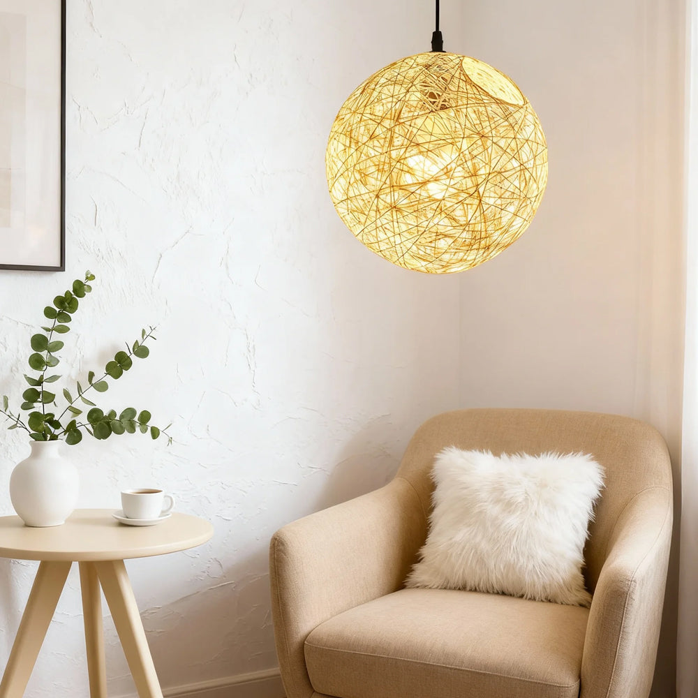 Woven Sphere Ceiling Light for Dining Rooms & Living Spaces – Handcrafted Natural Fiber Hanging Fixture with Warm Filtered Glow
