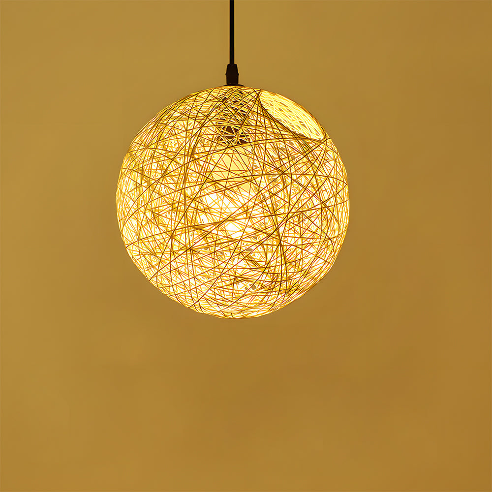 Woven Sphere Ceiling Light for Dining Rooms & Living Spaces – Handcrafted Natural Fiber Hanging Fixture with Warm Filtered Glow