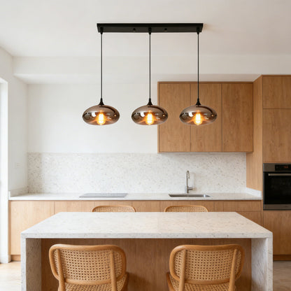 Glass Shade Hanging Fixture Adjustable Height for Kitchen Island, Dining Table & Entryway - Black Metal Frame Ceiling Lamp with Ambient Glow