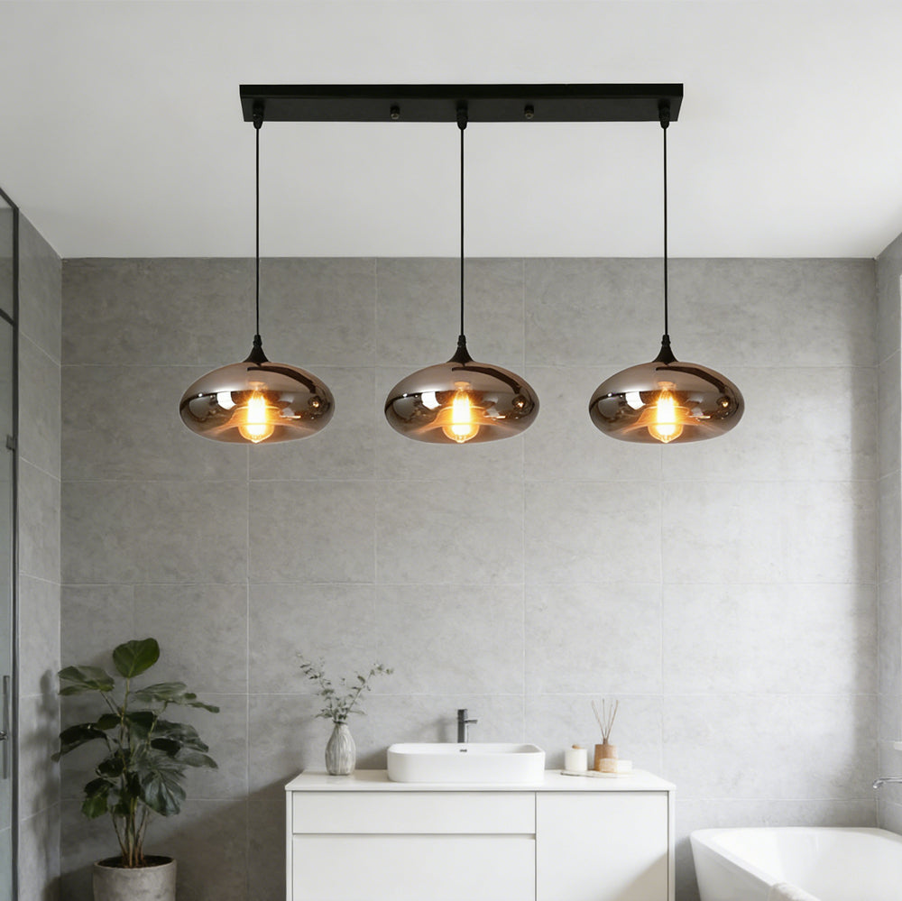 Glass Shade Hanging Fixture Adjustable Height for Kitchen Island, Dining Table & Entryway - Black Metal Frame Ceiling Lamp with Ambient Glow