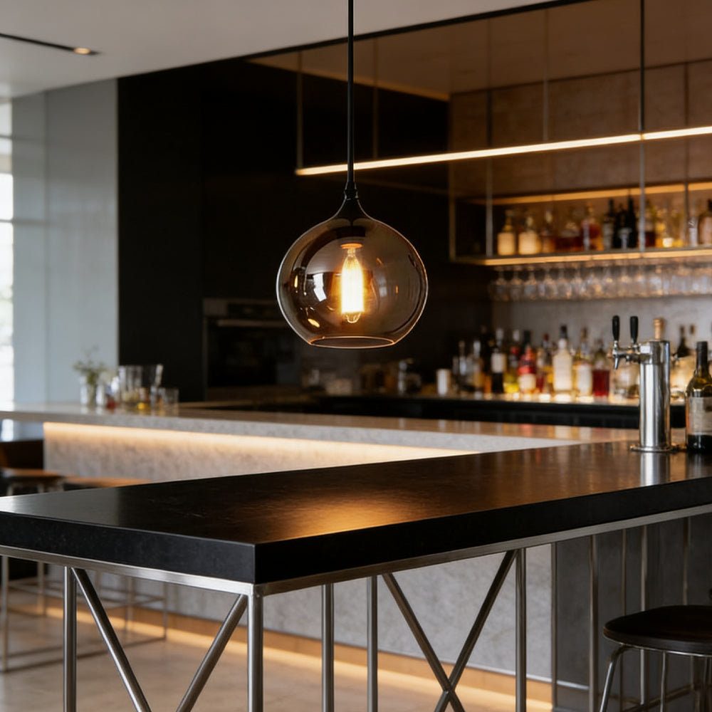 Glass Shade Hanging Fixture Adjustable Height for Kitchen Island, Dining Table & Entryway - Black Metal Frame Ceiling Lamp with Ambient Glow