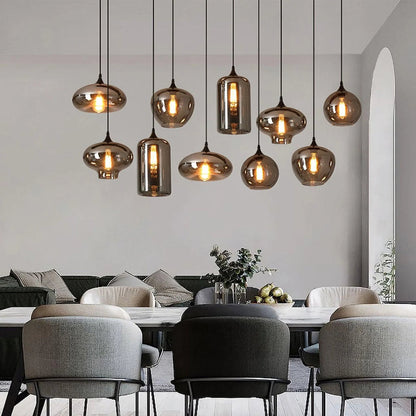 Glass Shade Hanging Fixture Adjustable Height for Kitchen Island, Dining Table & Entryway - Black Metal Frame Ceiling Lamp with Ambient Glow