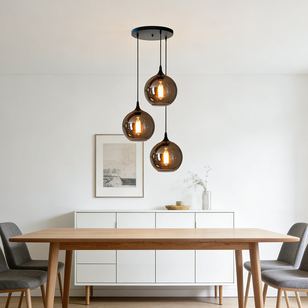 Glass Shade Hanging Fixture Adjustable Height for Kitchen Island, Dining Table & Entryway - Black Metal Frame Ceiling Lamp with Ambient Glow