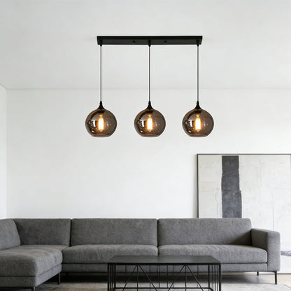 Glass Shade Hanging Fixture Adjustable Height for Kitchen Island, Dining Table & Entryway - Black Metal Frame Ceiling Lamp with Ambient Glow