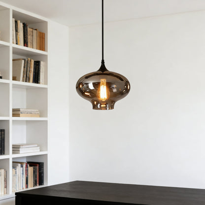 Glass Shade Hanging Fixture Adjustable Height for Kitchen Island, Dining Table & Entryway - Black Metal Frame Ceiling Lamp with Ambient Glow
