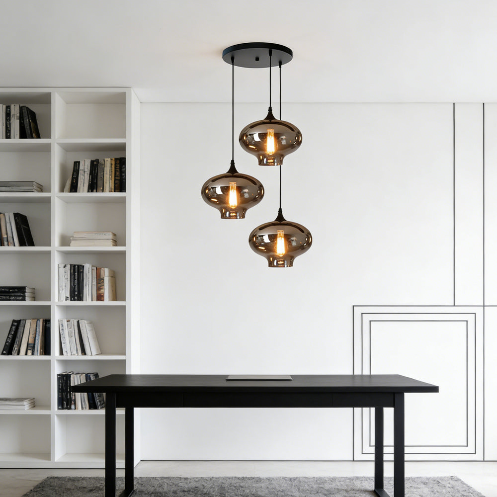 Glass Shade Hanging Fixture Adjustable Height for Kitchen Island, Dining Table & Entryway - Black Metal Frame Ceiling Lamp with Ambient Glow