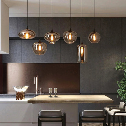 Glass Shade Hanging Fixture Adjustable Height for Kitchen Island, Dining Table & Entryway - Black Metal Frame Ceiling Lamp with Ambient Glow