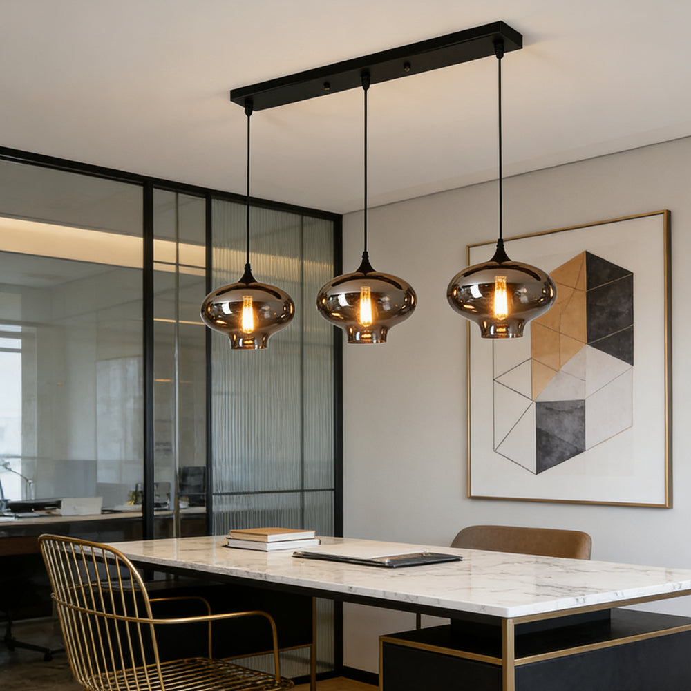 Glass Shade Hanging Fixture Adjustable Height for Kitchen Island, Dining Table & Entryway - Black Metal Frame Ceiling Lamp with Ambient Glow