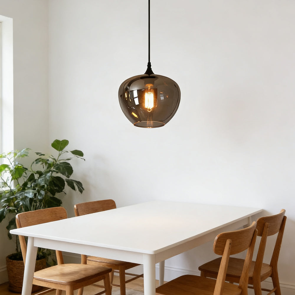 Glass Shade Hanging Fixture Adjustable Height for Kitchen Island, Dining Table & Entryway - Black Metal Frame Ceiling Lamp with Ambient Glow