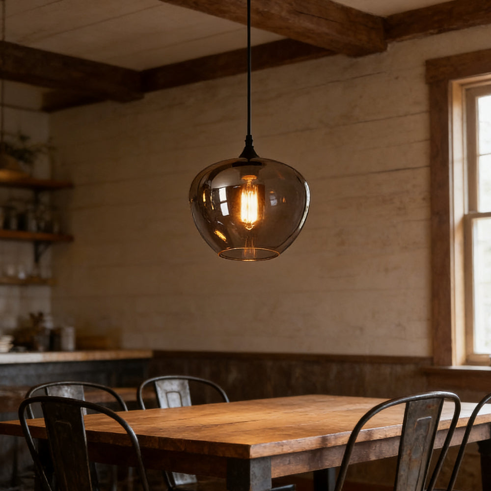 Glass Shade Hanging Fixture Adjustable Height for Kitchen Island, Dining Table & Entryway - Black Metal Frame Ceiling Lamp with Ambient Glow
