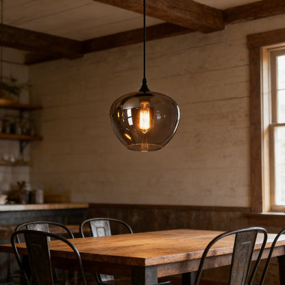 Glass Shade Hanging Fixture Adjustable Height for Kitchen Island, Dining Table & Entryway - Black Metal Frame Ceiling Lamp with Ambient Glow